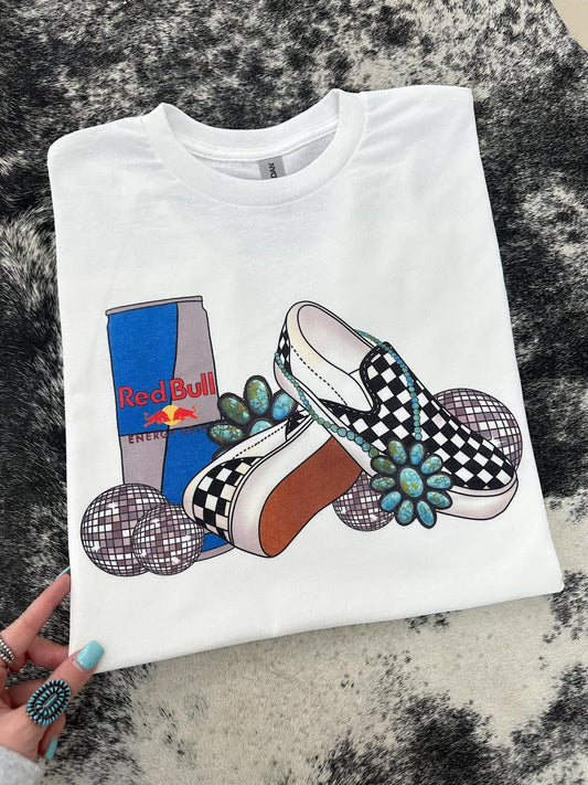 Redbull with shoes and turquoise