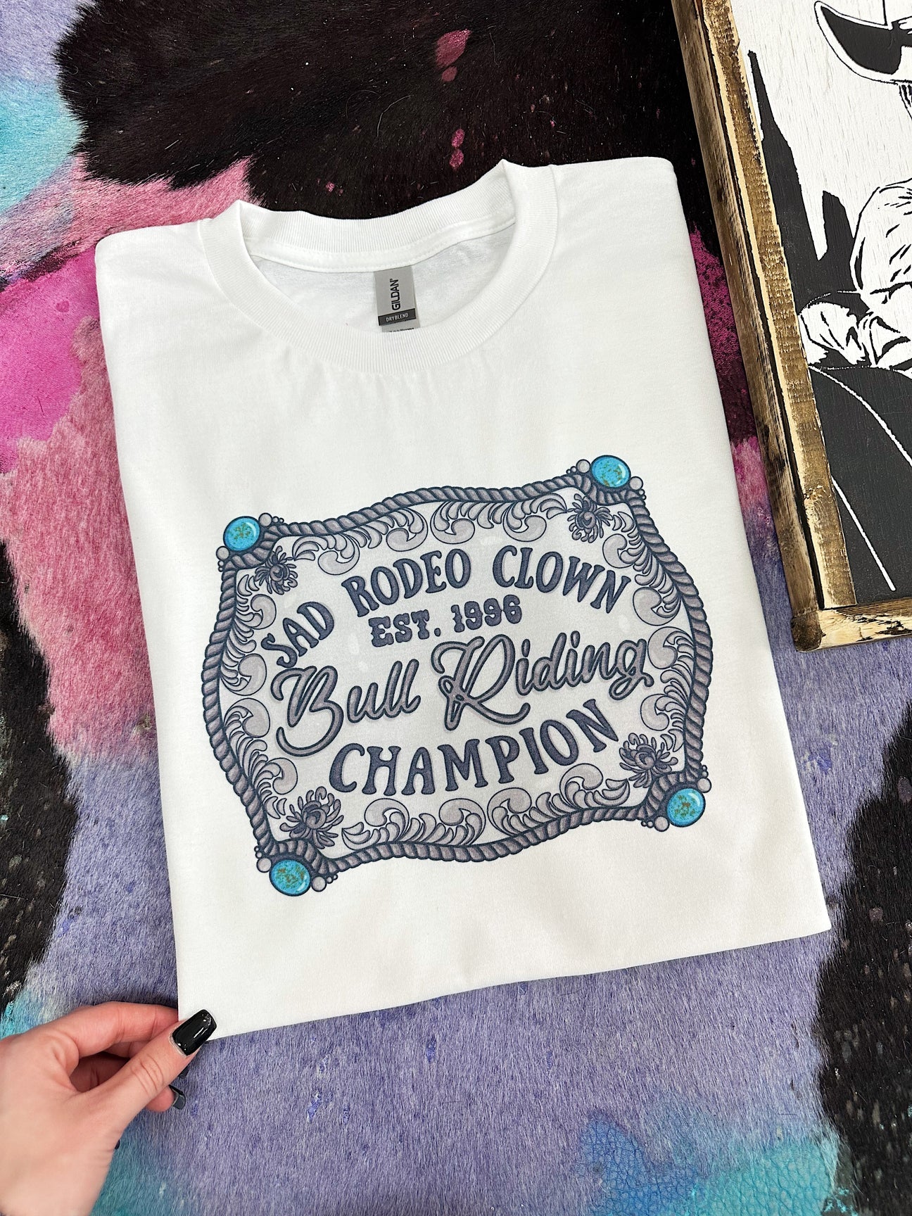 Sad rodeo clown buckle t-shirt