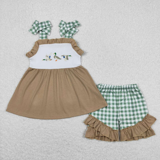 Duck little girls green and brown dress