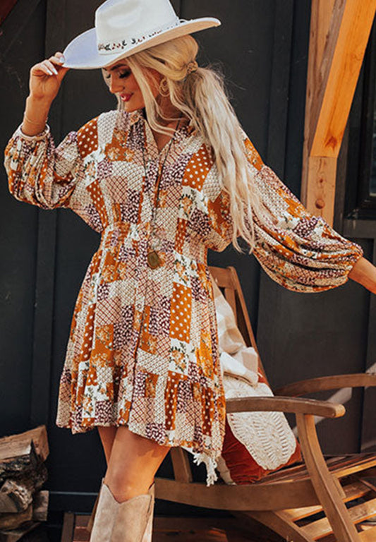 Printed Collared Neck Three-Quarter Sleeve Mini Shirt Dress