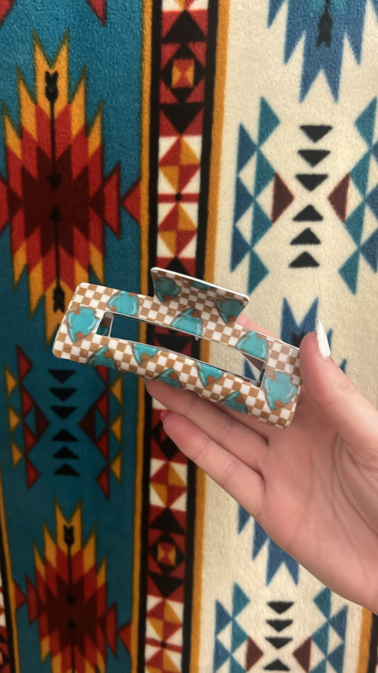 Checkered with turquoise claw clip