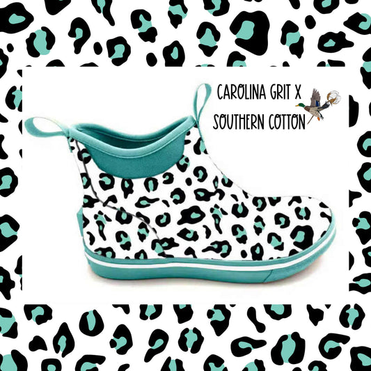 Teal leopard big kid deck boot